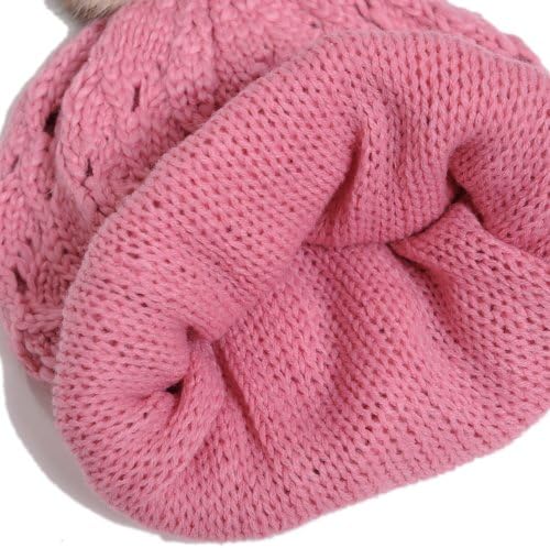 Glovin Women Corchet Hat With Rabit Fur Pompom And Lining Color Pink