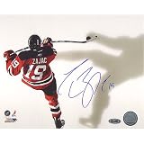 NHL Travis Zajac Devils Red Jersey Overhead Horizontal Autographed 8-by-10-Inch Photograph