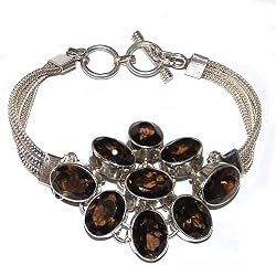 Silver Link Bracelet Smokey Quartz Gemstone Jewelry 8 inches (brclt205)