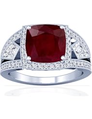 14K White Gold Cushion Cut Ruby Ring With Sidestones