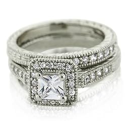 Sterling Silver CZ Princess Cut Wedding Ring Set - 9