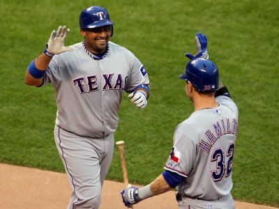 Texas Rangers v San Francisco Giants, Game 1: Bengie Molina, Josh Hamilton Photographic Poster Print by Justin Sullivan, 18x24