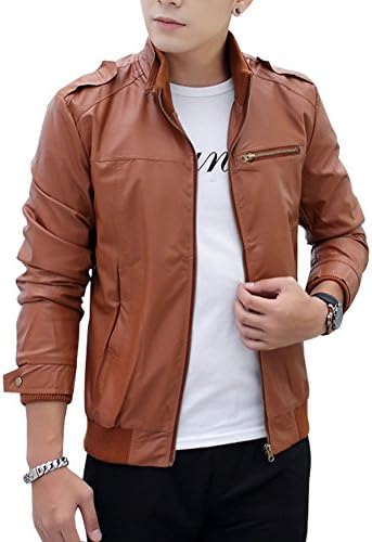 Prettygood Men's Winter Solid Plus Size Leather Bomber Biker Jacket Coat Light Brown M