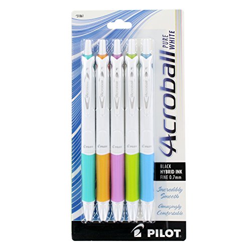 PILOT Acroball PureWhite Pen, 0.7 mm, Black Ink, Turquoise/Orange/Purple/Lime/Blue, 5/Pack (PIL31861)