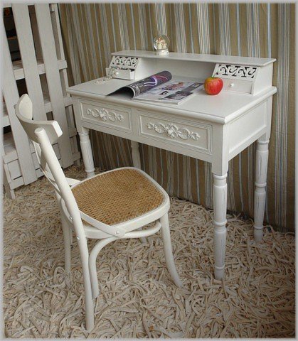 Shabby Chic Vintage Sekretär antik-weiß mit Schnitzereien im Landhaus Stil