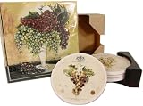 Dark Grapes Motif Napkins + Absorbent Stone Ceramic Coasters in Wood Holder, Wine Themes, 2 designs