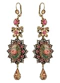 Vintage Inspired Michal Negrin Authentic Roses Bouquet Cameo Dangle Earrings Adorned with Bow Tie and Hand Painted Flower Detail, Pink and Beige Swarovski Crystals and Peach Tear Drops