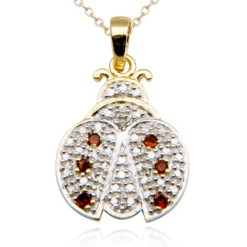 18k Yellow Gold Plated Sterling Silver Genuine Garnet and Diamond Accent Lady Bug Pendant, 18