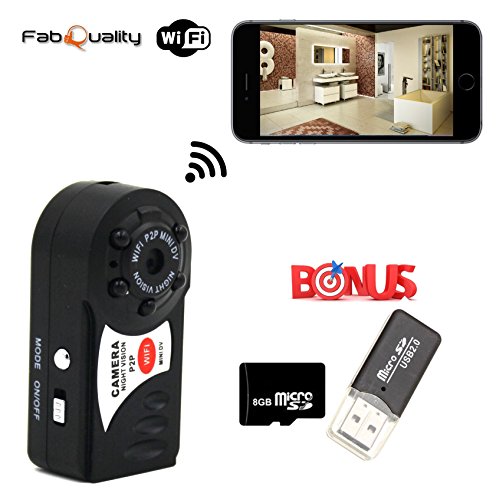 FabQuality Wifi Spy Camera Wireless on Smartphone Mini Portable Camera P2P WiFi IP Camera BONUS 8GB SD CARD Indoor/Outdoor HD DV Hidden Spy Camera Video Recorder iPhone/Android Phone/ iPad /PC Remote