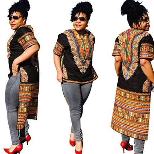 Yasalu Women Short Sleeve Irregular African Print Casual Straight Kaftan Dress