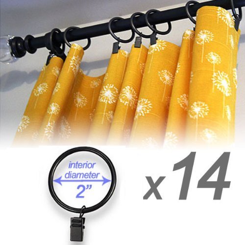 Set of 14 Decorative Drapery Curtain Clip Rings, 2″ Interior Diameter, Black Premium Iron Metal
