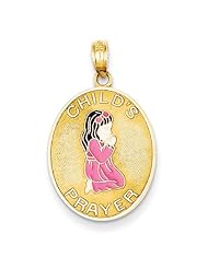 14k Yellow gold Childs Prayer with Enameled Girl Pendant