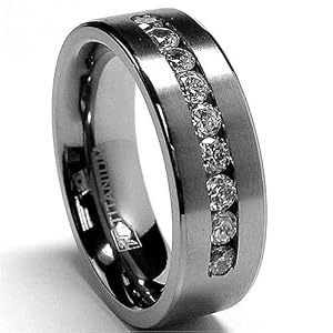 8 MM Men's Titanium ring wedding band with 9 large Channel Set CZ sizes 8 to 12