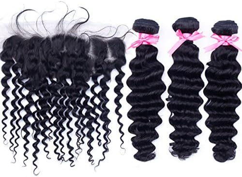 Hermay Hair Brazilian Virgin Hair Lace Frontal Closure With 3 Bundles,Brazilian Deep Curly Human Hair Weave,Natural Color (20"22"24"Wefts+18"Frontal)
