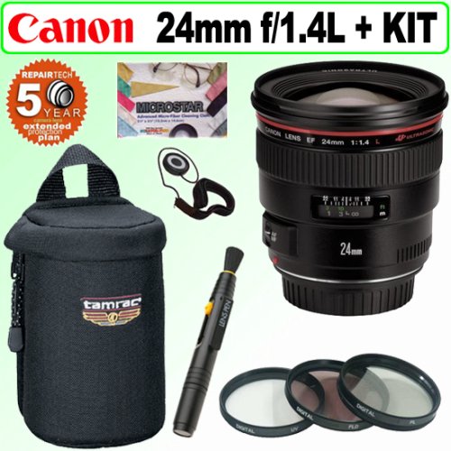 Canon EF 24mm f/1.4L USM Wide Angle Lens + Deluxe Accessory Kit w/5 Year Extended Warranty