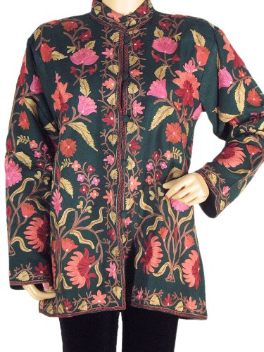 Hand Embroidered Cashmere Coat Ladies Womens Designer Green Wool Long Jacket L Hand Embroidered Cashmere Coat Ladies Womens Designer Green Wool Long Jacket L