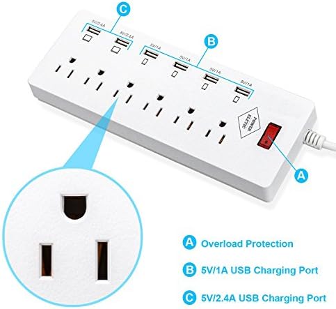 6-Outlet Surge Protector Electrical Power Strip With 6 USB Ports &amp; 6' Foot Extension Cord (White)