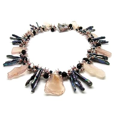 HinsonGayle DIVA Collection "Destiny" Peacock Biwa Pearl and Rose Quartz Necklace