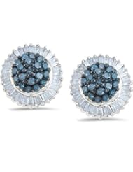 10K White Gold Round Brilliant Cut Blue and White Diamond - Round Shape Halo Invisible & Channel Set Studs Earrings - (1.00 cttw.)