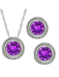 2.25 Ct Round Purple Amethyst Gemstone Sterling Silver Pendant Earrings Set 18"