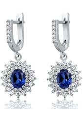 6.48 Ct Oval Blue Simulated Sapphire 925 Sterling Silver Dangling Earrings