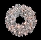 24 Pre-Lit Retro Silver Laser Tinsel Christmas Wreath - Clear Lights