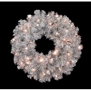 24 Pre-Lit Retro Silver Laser Tinsel Christmas Wreath - Clear Lights by CMI