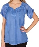 Sakkas AA04TV Embroidered 100% Cotton Semi-Sheer Short Sleeve Gauzy Top / Blouse - Steel Blue - 3X