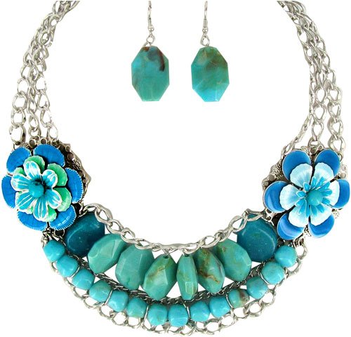 Turquoise Beaded Flower Medallion Toggle Necklace & Earrings Set Fashion Jewelry