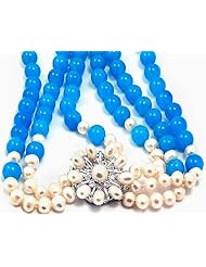 Candygem 16-19 Inch 3 Rows Necklace with 8mm White Freshwater Cultured Pearl and Simulated Blue Jade By Aaliyah Hong Designs