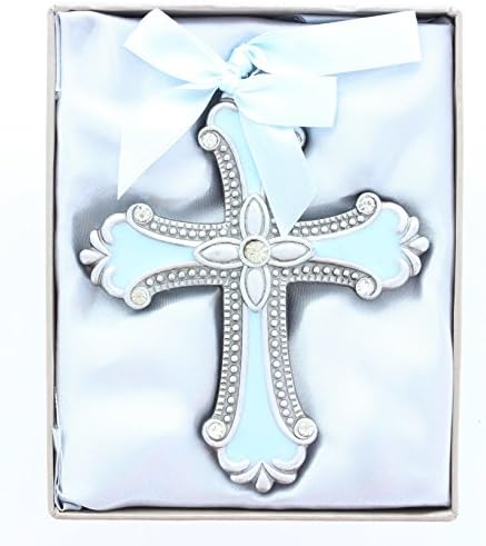 Blue Cross Ornament. Classic Cross Shape with a Detailed Design Pewter Finish Poly Resin Cross Enhanced with Blue Inlaid Enamel, a Beaded Border and Clear Rhinestones Measures 4 1/4" X 3 1/2" Blue Satin Ribbon Loop Attached At Top for Hanging. Great for Baptism, First Communion and Christmas Tree Ornament.