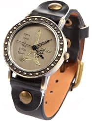 Ladys PU Leather Strap Eiffel Towel Pattern Accent Quartz Wristwatch Timepiece - Black SWWM1-144661