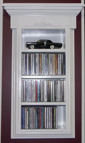 (MC-118) 18 Solid Wood Recessed In-the-wall CD Media Storage Shelf with Crown Top and Enamel Finish