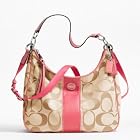 Coach 21873 Signature Stripe Convertible Hobo Handbag Light Khaki and Coral