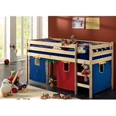 Hochbett Spielbett ERIK natur mit Vorhang & Rollrost