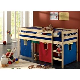 Lit sur�lev�/mi-hauteur avec rideaux et sommier