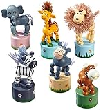 Drücktiere aus Holz, sechs verschiedene Tiere auf je einem kleinem Podest, mit Spaß auf "Knopfdruck"