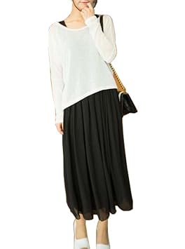 【クリックで詳細表示】ルガルデ(Regarder) シンプル お洒落な 長袖 チュニック マキシ ワンピース 2点 セット レディース ファッション スタイル 赤 黒 カーキ M L XL (白・黒M)： スポーツ＆アウトドア