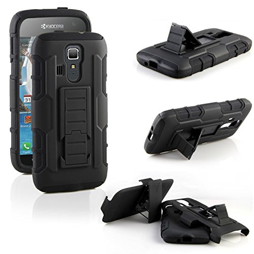 RANZ® Kyocera Hydro Icon C6730 (Boost Mobile) / Kyocera Hydro Life C6530N (T-Mobile/MetroPcs) Black Rugged Impact Armor Hybrid Kickstand Cover with Belt Clip Holster Case