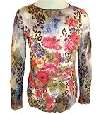 Amore Couture Long Sleeve, Scoop Neck, Floral Printed Nylon Top Accented With Swarovski Crystals - Light Blue