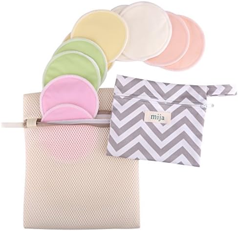 Reusable Organic Bamboo Nursing Pads (10 Pack) With Laundry Bag &amp; Travel Wet Bag by Mija - Ultra Soft, Leak-proof, Reusable, Hypoallergenic, Washable Pads for Breastfeeding Women