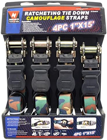 Neiko 4-Pack 1" x 15' Ratcheting Tie Downs Straps, Camouflage