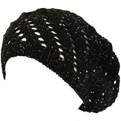 Swirl Knit Winter Ski Beret Knit Tam Hat Shiny Black with Gold Threading