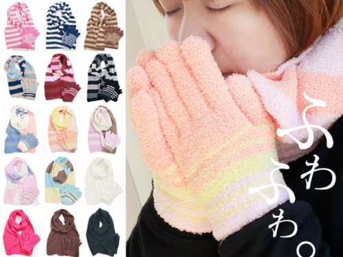レディース もこもこ素材 マフラー＆手袋セット 婦人 防寒 あったか 秋冬用