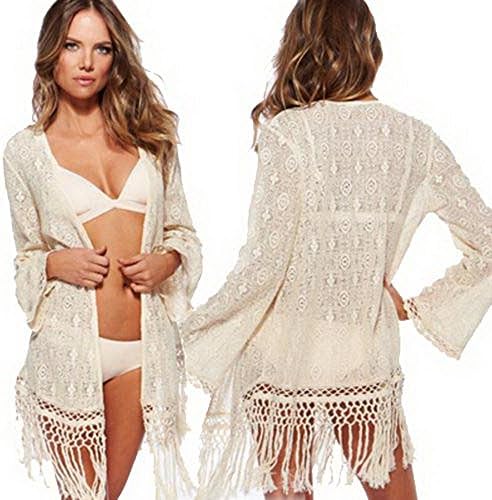 Sexy Women Hippie Lace Crochet Bikini Cover up Swimwear Beach Dress Tops Kaftan (One Size, white)