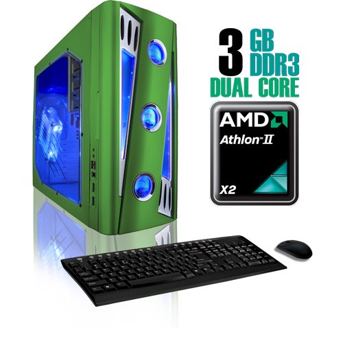 CybertronPC X-Cruiser2 CAAN1120UGS, Green, AMD ATHLON II X2 Dual Core 2.8GHz, 3GB DDR3, 320GB HDD, DVDRW, ATI RADEON HD4350, 400 Watt Power Supply, Windows 7 Professional 64-bit, 1 Year Parts & Labor Warranty