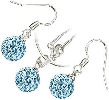 Sterling Silver Plated, 10MM Aquamarine Blue AB Clay Crystal Shamballa Balls, Pendant Necklace Earrings Set