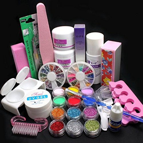 21 in 1 Pro Nail Art Decorations Uv Gel Kit Brush Buffer Tool Nail Tips Glue Colorful Acrylic Powder Glitter 4 way Buffer Block Sanding Files Set Tools #189