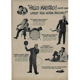 "Hello Maestro! What's Your Latest RCA Victor Record?" "The Jones Laughing Record," Reports SPIKE JONES. "Irving Berlin Melodies," Replies WAYNE KING. "Jalousie," Says HERBIE FIELDS. "Heaven Knows When," Says FREDDY MARTIN. ..... 1946 RCA Victor Records Ad, A3842.