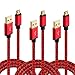 Micro USB Cable, HI-CABLE Fast+ 3 pack 6ft Quick Speed Braided Long Charging Cord For Samsung Galaxy S7 S6 Edge Plus, Note 4/ 5,S4 S5 Active, Tab A S/ S2 Pro, PS3/ 4, Android Phone Gold-Plated (Red)